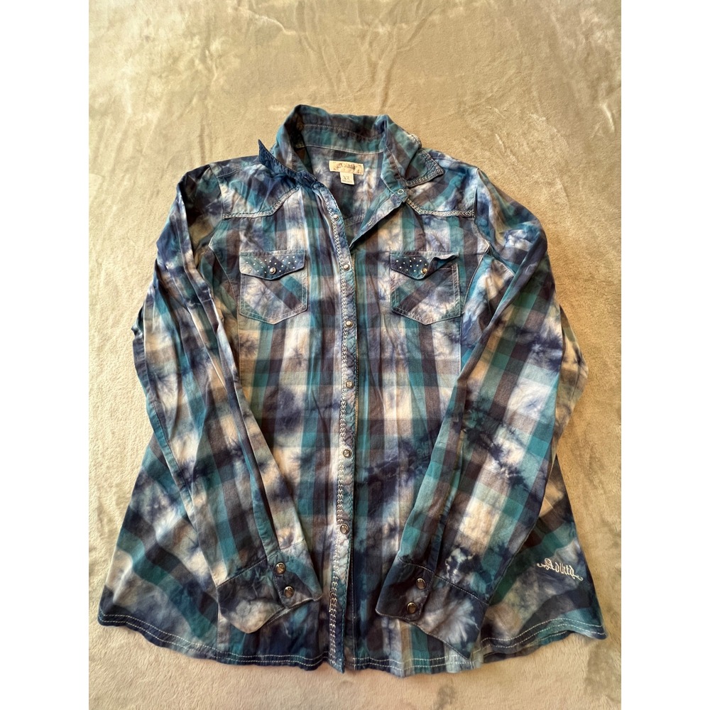 Adiktd Western Shirt Womens XL Blue Plaid Snap Long Sleeve Studded Acid Wash